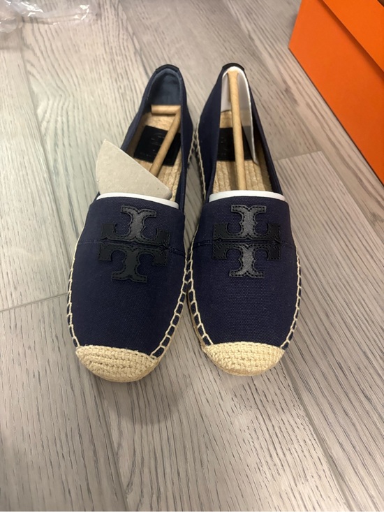 Tory Burch Shoes - Tory Burch Navy Canvas Espadrille Slip-Ons with Black Logo
